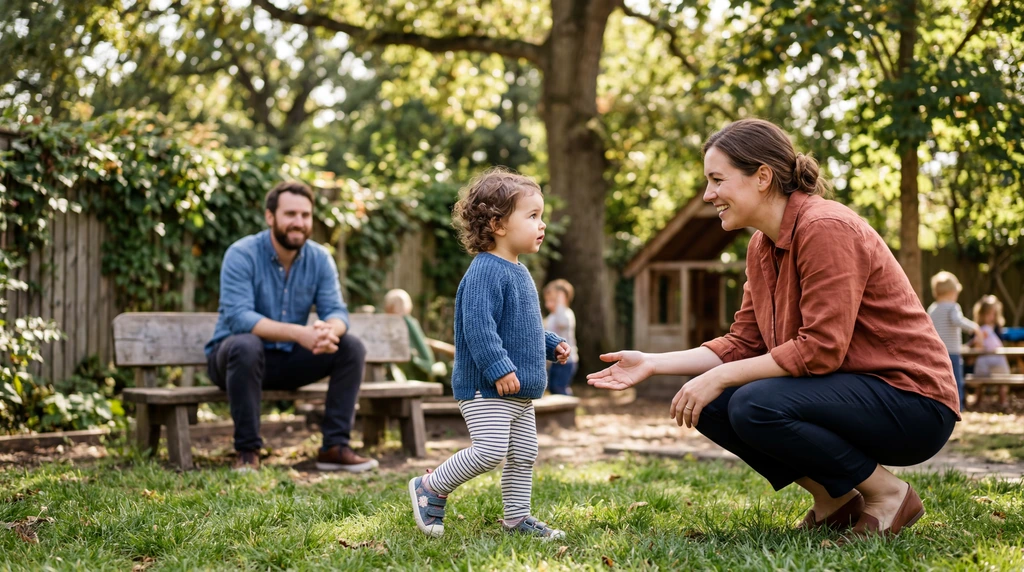 Mutter agiert als sicherer Hafen für ihr Kleinkind während der sanften Eingewöhnung in der Kita