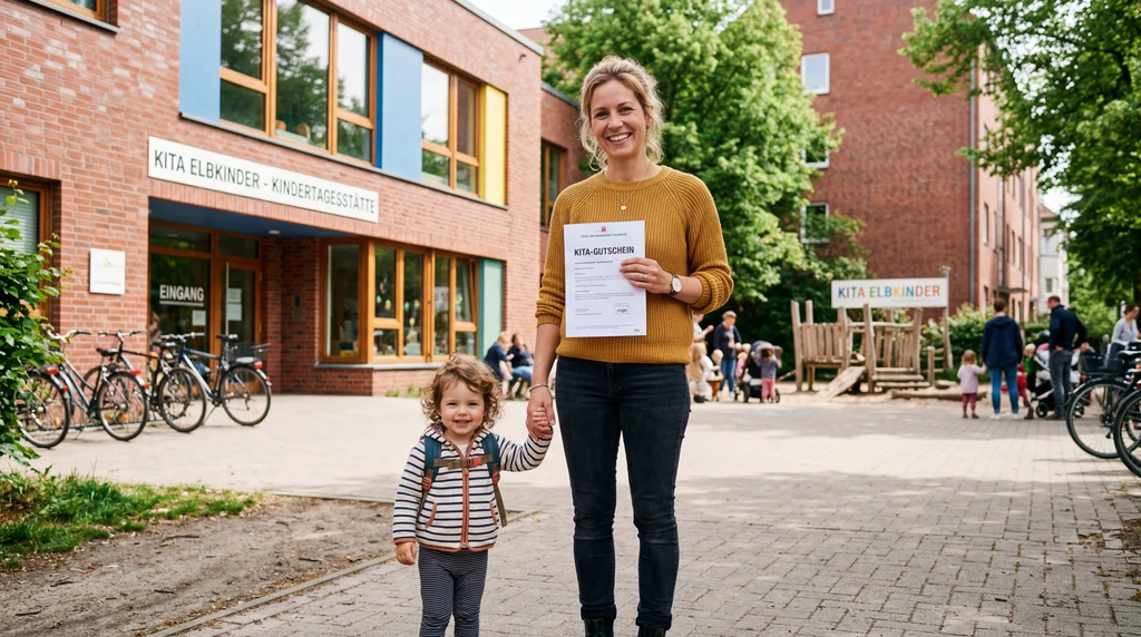 Mutter und Kind vor einer Hamburger Kindertagesstätte mit dem ausgedruckten Kita-Gutschein in der Hand