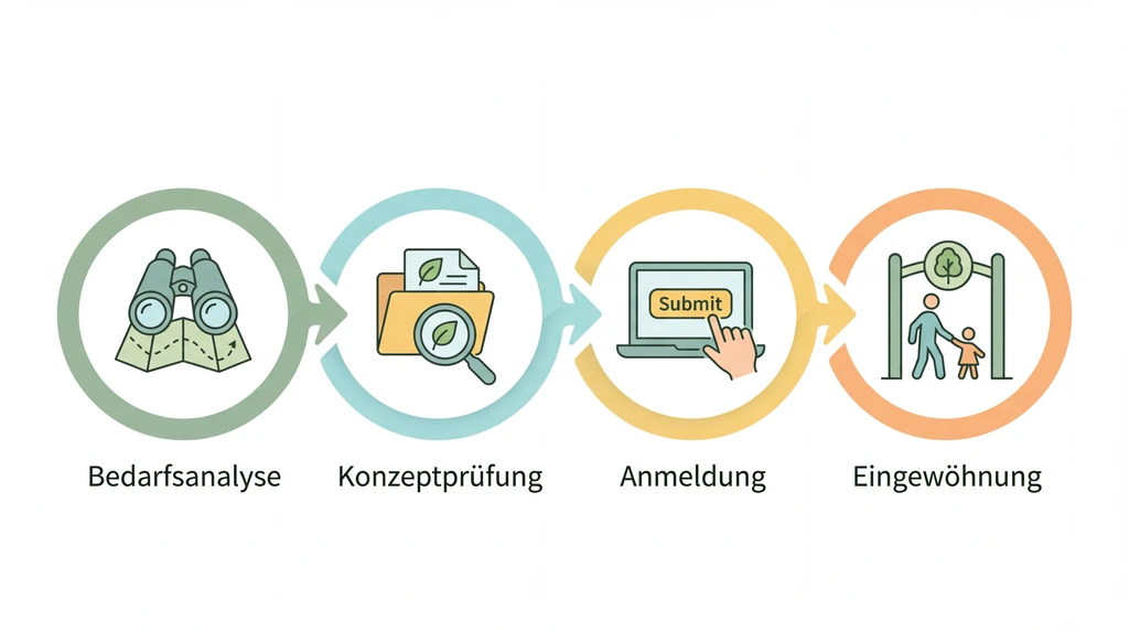 Infografik der 4 Schritte zur Kita-Anmeldung in Hamburg: Von der Bedarfsanalyse bis zur Eingewöhnung